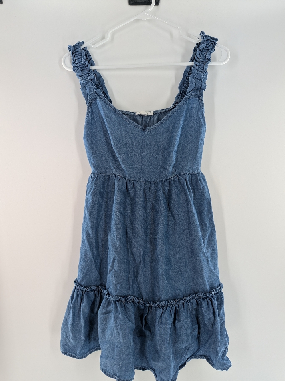 Blu Pepper Boho Coastal Mini Dress Chambray Tiered Ruffle Strap Small Blue